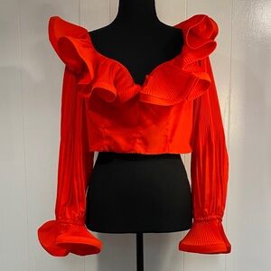 Banjul Ruffle Long Sleeve Crop Top Scarlet Red Romantic Party Size Large